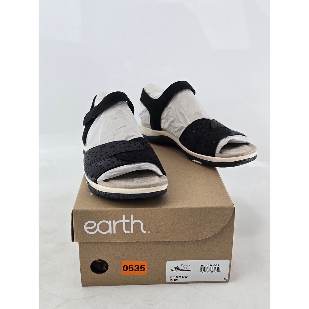 Earth Sylo Sandals Womens 5 Black Leather Laser Cut‎ Comfort Strappy -New